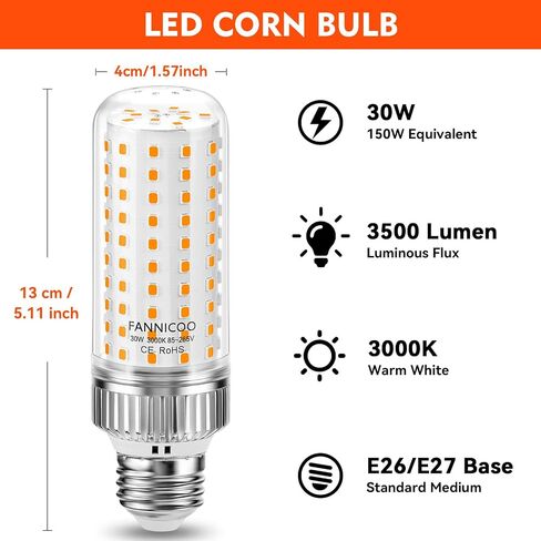 LED Light Bulbs 150W Equivalent LED Bulbs 3500LM 6500K Cool Daylight White 30W E26/E27 Base Ceiling Fan LED Corn Light Bulb for Garage Backyard Warehouse Basement Yard Indoor Outdoor(3 Pack) in Kuwait