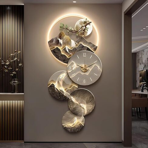 3D Wall Art Decor Clock, Large Wall Hanging Sculpture Painting with LED Light, Porch Painting Vertical Version, Modern Home Decorative Wall Lamp for Living Room Bedroom Entrance Office Decor (39×19IN) in Saudi Arabia