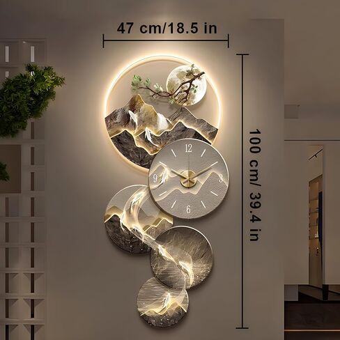 3D Wall Art Decor Clock, Large Wall Hanging Sculpture Painting with LED Light, Porch Painting Vertical Version, Modern Home Decorative Wall Lamp for Living Room Bedroom Entrance Office Decor (39×19IN) in Saudi Arabia