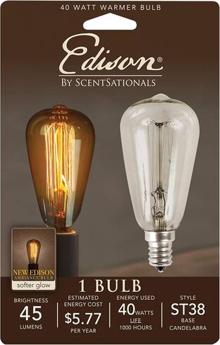 Scentsationals 40w Bulb for Edison Wax Warmer Single Unit - 40 Watt Light Candelabra E12 Base - Retro Vintage Replacement Electric Plug-in Wax Melter, Certified Style ST38 120 Volt (1 Pack) in Saudi Arabia