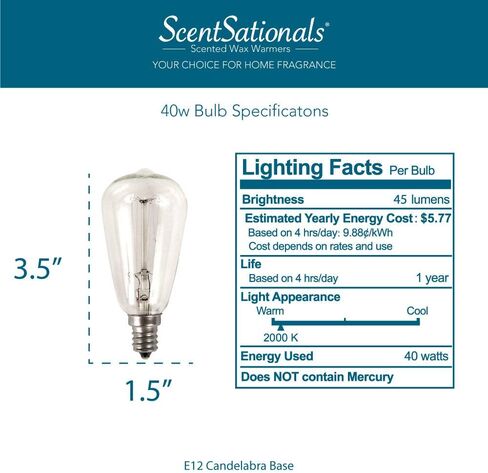 Scentsationals 40w Bulb for Edison Wax Warmer Single Unit - 40 Watt Light Candelabra E12 Base - Retro Vintage Replacement Electric Plug-in Wax Melter, Certified Style ST38 120 Volt (1 Pack) in Saudi Arabia
