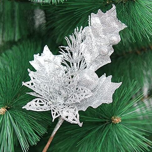 Giga Gud 5 pcs Christmas Glitter Berries Stems, 9 Inch Artificial Christmas Picks for Christmas Tree Ornaments, DIY Xmas Wreath, Crafts, Holiday and Home Decor (Silver 5pcs) in Saudi Arabia