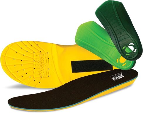 MEGAComfort Inc. Multi-Thotic 3-in-1 Orthotic Insoles; Dual Layer 100% Memory Foam with Re-Attachable Orthotic Arch Supports for Plantar Fasciitis, High Arch, Mid Arch, Men's 14-15, Yellow, Green in Kuwait