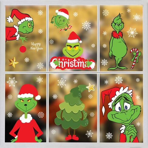 8 Sheets Christmas Window Clings Window Decals,Holiday Decorations Xmas Grinch Window Stickers for Home Shop Windows Glass in Saudi Arabia