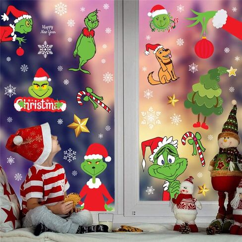 8 Sheets Christmas Window Clings Window Decals,Holiday Decorations Xmas Grinch Window Stickers for Home Shop Windows Glass in Saudi Arabia