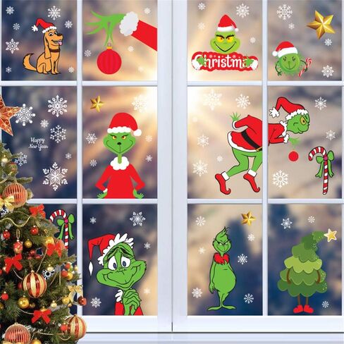 8 Sheets Christmas Window Clings Window Decals,Holiday Decorations Xmas Grinch Window Stickers for Home Shop Windows Glass in Saudi Arabia