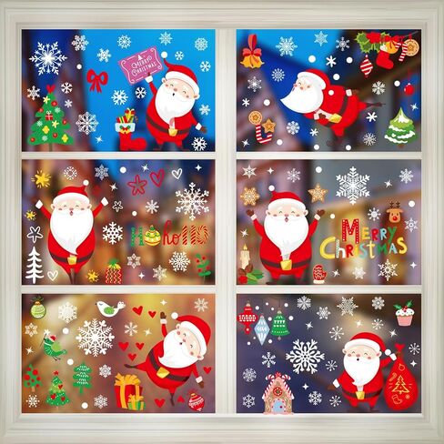 286 PCS Christmas Snowflake Window Clings Stickers for Glass, 10 Sheet Large Double-Sided Xmas Decals Decorations Holiday Snowflake Santa Claus Decals for Party in Saudi Arabia
