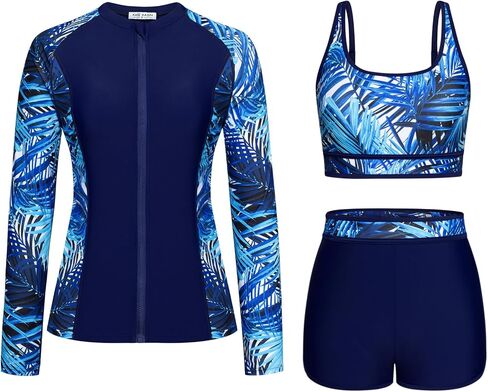 Kate Kasin Women's 3 Piece Rash Guard Long Sleeve Swimsuits Zip Up UPF 50+ Built in Bra Swim Shirts with Boyshorts Quick Dry in Kuwait