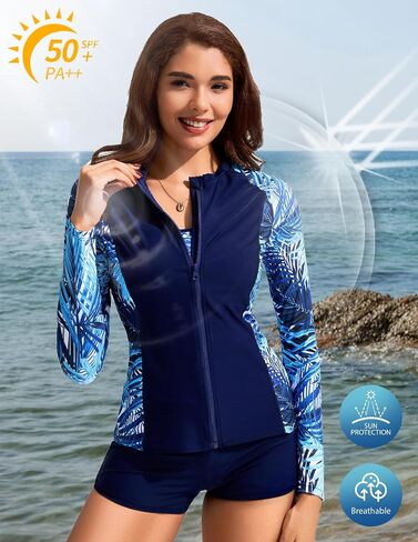 Kate Kasin Women's 3 Piece Rash Guard Long Sleeve Swimsuits Zip Up UPF 50+ Built in Bra Swim Shirts with Boyshorts Quick Dry in Kuwait