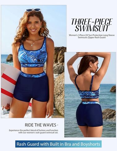 Kate Kasin Women's 3 Piece Rash Guard Long Sleeve Swimsuits Zip Up UPF 50+ Built in Bra Swim Shirts with Boyshorts Quick Dry in Kuwait