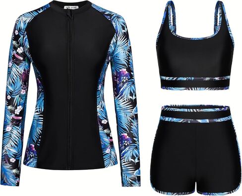 Kate Kasin Women's 3 Piece Rash Guard Long Sleeve Swimsuits Zip Up UPF 50+ Built in Bra Swim Shirts with Boyshorts Quick Dry in Kuwait