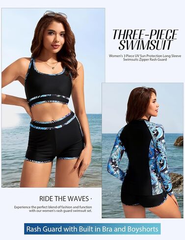 Kate Kasin Women's 3 Piece Rash Guard Long Sleeve Swimsuits Zip Up UPF 50+ Built in Bra Swim Shirts with Boyshorts Quick Dry in Kuwait
