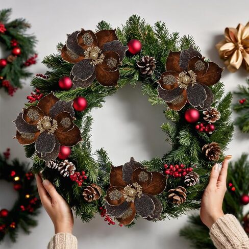 6 Pcs Christmas Flower Picks White Christmas Glitter Magnolia Flowers Picks and Spray Ornament Berries Branches for Xmas Tree Wreath Vase Table Centerpiece in Saudi Arabia
