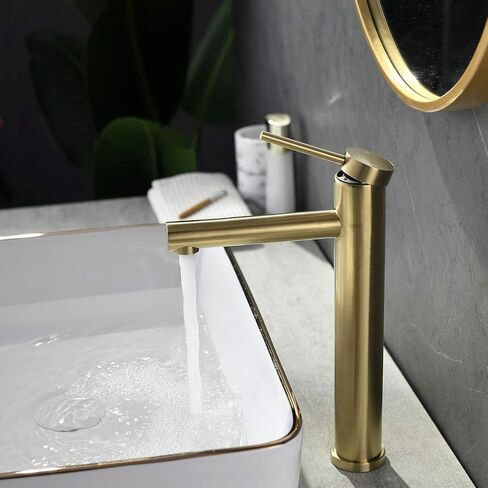 Friho Vessel Sink Faucet Gold, Modern Single Handle Bathroom Vessel Sink Faucet, Vessel Faucet with Ceramic Disc Cartridge, Tall Vessel Sink Faucet with Water Supply Line, 12'' Overall Height in Saudi Arabia