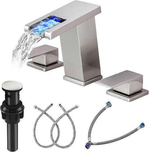 LED Bathroom Faucet 3 Hole, Matte Black Waterfall Bathroom Faucets, 8 Inch Widespread Modern Bathroom Sink Faucet & Parts, Wide Spread Touch On Three Hole 2 Handle Bath Vanity Faucet Mixer in Saudi Arabia