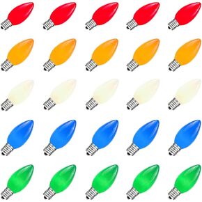 25 Pack C9 Multicolor Christmas Light Bulbs, C9 Ceramic LED Replacement Bulbs for Outdoor Vintage Christmas String Light, E17/C9 Intermediate Base- Multicolor