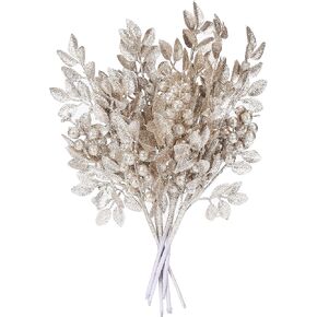 Sea Team 6-Pack Artificial Glitter Holly Berry Twigs, Bacca Stem Ornaments, Decorative Bead Sticks, Picks, Branches for Christmas Tree, Wreath, Vase Fillers, Champagne