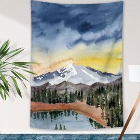 Mountain Forest Tapestry, Yellow Sky Watercolor Fir Tree Landscape Art Wall Hanging Lake Nature Scenery Small Cute Long Tapestry Aesthetic Vertical for Bedroom Backdrop Wall Decoration 28×40 inch