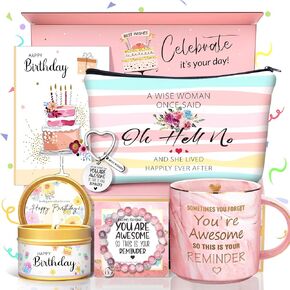 Jumway Birthday Gifts for Women - Best Friend Mom Bestie Birthday Gifts - 7 Pcs Gifts Set includes 11oz Coffee Mug, Candle, Bracelet, Keychain, Make-up Bag and Card
