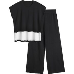 Donnalla Lounge Sets for Women Short Sleeve Knit Sweater Pullover Tops Elastic Waist Wide Leg Pants 2 Piece Outfits Tracksuit