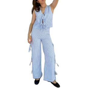 Women Tie Front 2 Piece Pants Outfit Striped Open Front Vest Top Wide leg Lounge Pants Y2K Summer Going Out Set