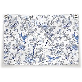 Blue and White Canvas Flag,Chinoiserie Floral Wall Banner,Blue and White Wall Decor,Chinoiserie Wall Art,Blue and White Hanging Wall Decor For Bedroom Living Room 20×30 Inches