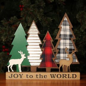 Christmas Decorations Indoor, DECSPAS Large Size Wooden Christmas Tree Sign for Christmas Table Centerpieces, Rustic Wood Joy Decorative Block with Reindeer for Tabletop, Mantel, Office Decor