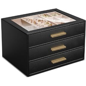 Jewelry Box with Glass Lid, 3-Layer Leather Jewelry Organizer with Drawers for Necklaces, Earrings, Rings, Bracelets, Large Jewelry Storage Gift for Women, Modern Style (Black)