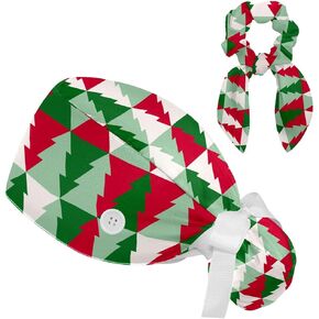 Women’s Working Caps with Button Christmas Truck Elk Long Hair Cover Ribbon Lace-Up Scrub Cap