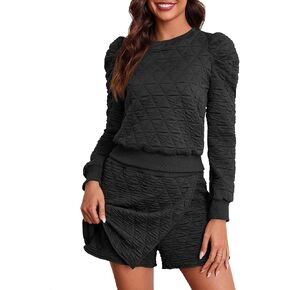Fisoew Women's 2 Piece Lounge Wear Set Long Sleeve Argyle Sweatshirts and Wrap Skorts Casual Sets