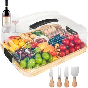 Portable Charcuterie Board with Lid for Travel, Bamboo Charcuterie Cheese Board with Cover Compartments, To Go Charcuterie Box Serving Tray Board Set with Clear Locking Lid for Party Picnic Meat Snack