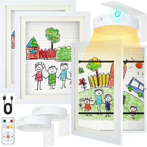 Gerrii 3 Set Art Frames and Battery Operated Picture Light Display Picture Artwork Frame Changeable Front Opening Painting Frame Wall Storage Picture Frame with Light(White,8.5 x 11 Inch)