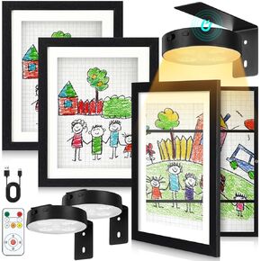 Gerrii 3 Set Art Frames and Battery Operated Picture Light Display Picture Artwork Frame Changeable Front Opening Painting Frame Wall Storage Picture Frame with Light(White,8.5 x 11 Inch)