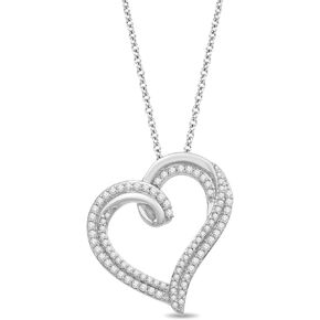 Jewelili Sterling Silver 1/3 Cttw Natural Black and White Round Diamond Tilted Heart Pendant Necklace, 18" Cable Chain