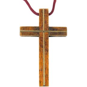 Light Wood Latin Pectoral Cross with Gold Tone Inlay, 3 1/4 Inch