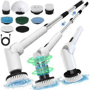 Electric Spin Scrubber - Cordless Cleaning Brush with Digital Display, 2 Speeds, 8 Brush Heads, IPX7 Waterproof, Adjustable Long Handle for Bathroom, Tub, Tile, Shower, and Car