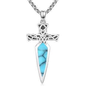 StoryEtain Sword Necklace Mens 925 Sterling Silver Black Onyx Celtic Knot Guardian Angel Sword Pendant Cross Necklace Retro Gothic Gift for Boyfriend Women