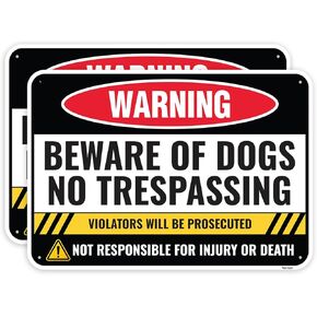 2PC Beware of Dogs No Trespassing Sign, 10 x 7 Inches - Aluminum - Guard Dogs On Premises Warning Signs For Fence No Trespassing