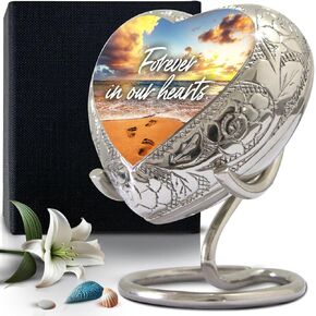 جرة الشاطئ للرماد البشري - جرة القلب للرماد للنساء والرجال - جرة تذكارية صغيرة مع حامل - موضوع الشاطئ على شكل قلب - تكريم أحبائك مع جرة صغيرة للذكور والإناث in Kuwait