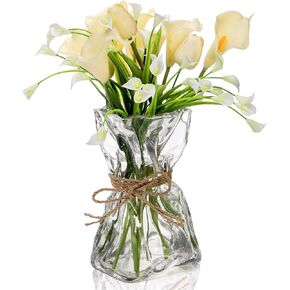 Glass Vase, 8.5 Inch Tall Irregular Shaped Flower Vase with Hemp Rope, Clear Art Decorative Vase, Modern Home Bouquet Vase for Wedding, Living Room, Dining Table, Office