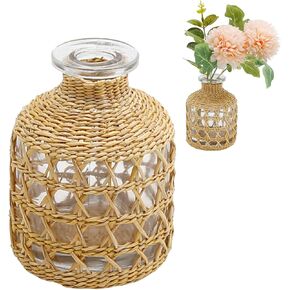 Flower Vases with Rattan Cover, Straw Woven Glass Vase, Rattan Woven Vase Decorative, Glass Flower Vase, Boho Glass Flower Vase, Vase for Home Flower Arrangement Table Decoration, 5.3''X3.5'',B Style