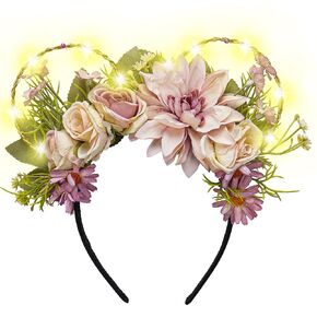 VISSTREE Handmade Mouse Ears Headband with Large Flower and LED Light Pink Floral Headwear for Theme Wedding Party and Park Hair Accessories
