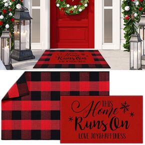 Timgle 2 Pcs Christmas Doormats with Outdoor Rug Merry Christmas Non Slip Doormats Buffalo Plaid Layering Rug for Outdoor Front Porch(Festive Style)