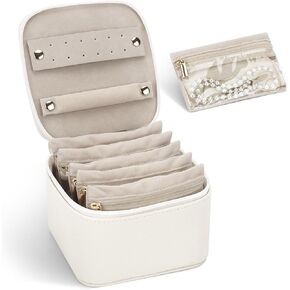 DesignSter Small Jewelry Box, Travel Small Jewelry Organizer with Earring Tray and Ring Holder,Square Travel Jewelry Storage Case with 6 Velvet Jewelry Pouches, Pink