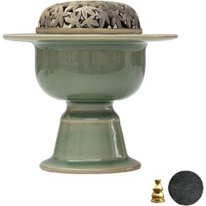 Ceramic Incense Burner with Brass Lid,Elegant Incense Holder for Cone and Coil Incense,Mediation Gift, Room Decor(Celadon)
