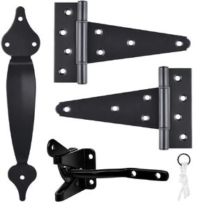 Gate Hardware Kit Heavy Duty,with Self Locking Gate Latch,6 inch T Strap Gate Hinges and 10 inch Gate Door Handle Pull,Shed Door Hardware Set for Wooden Vinyl Fence,Gate,Farm,Garden,Black Finish