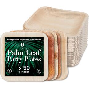 Palm Leaf Plates - Compostable and Grease Resistant 6 Inch Square Plates - Eco Friendly Plate is 100% Natural, Sturdy & Microwave Safe - Disposable & Biodegradable Wood Alternative to Bamboo Plates