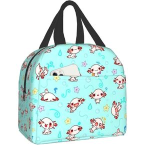Axolotl Kawaii Cute Lunch Bag Animal Lunch Box Reusable Insulated Meal Bags Food Container For Girls Boys Kids Men Women School Work Travel Picnic