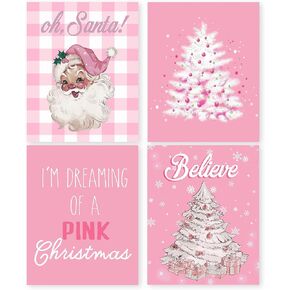 HRQKO Pink Christmas Santa Wall Art Poster Set of 4, Oh Santa Merry Pink Christmas Tree Snow Printing Posters Wall Decor,Pink Xmas Winter Christmas Prints for Bedroom Girl Living Room 8"x10" Unframed