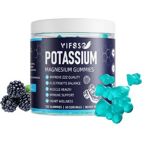 Potassium Magnesium Gummies, Potassium 120 Gummies Sugar Free for Men and Women, Support Leg & Muscle & Heart Health, Magnesium Glycinate Gummies Best for Bedtime, Vegan, Non-GMO, Berry Flavor